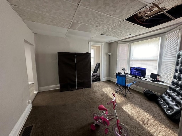 carpeted office space featuring a paneled ceiling