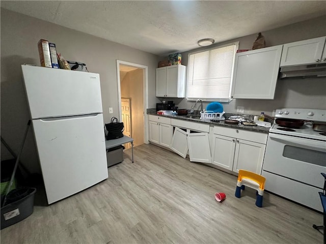 kitchen featuring white cabinetry, sink, white appliances, and light wood-type flooring