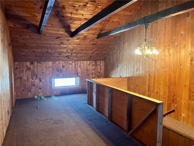 additional living space featuring carpet flooring, wooden ceiling, an inviting chandelier, lofted ceiling with beams, and wooden walls