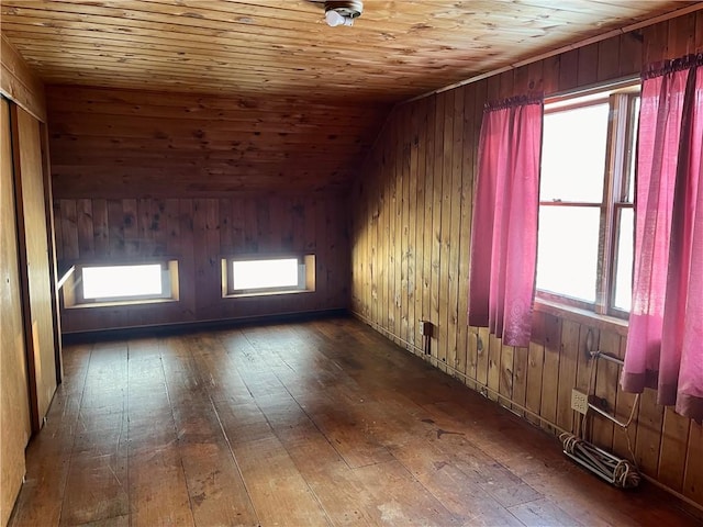 additional living space with wooden walls, dark hardwood / wood-style flooring, wood ceiling, and lofted ceiling