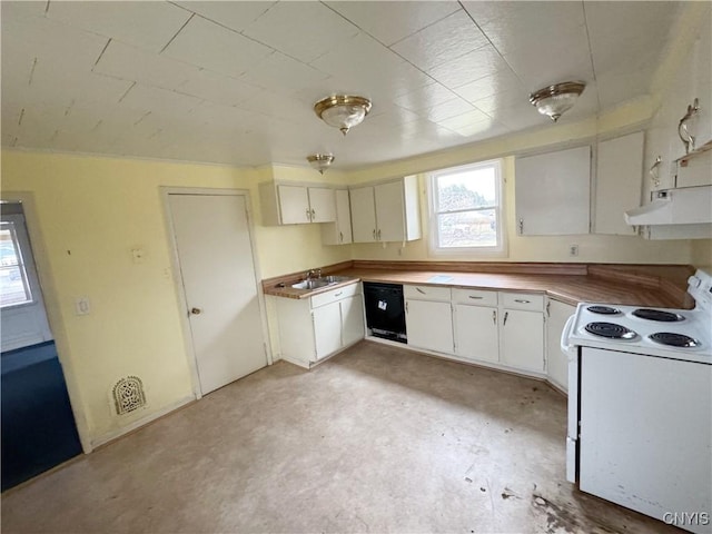 kitchen with dishwasher, white cabinets, white electric range oven, and sink