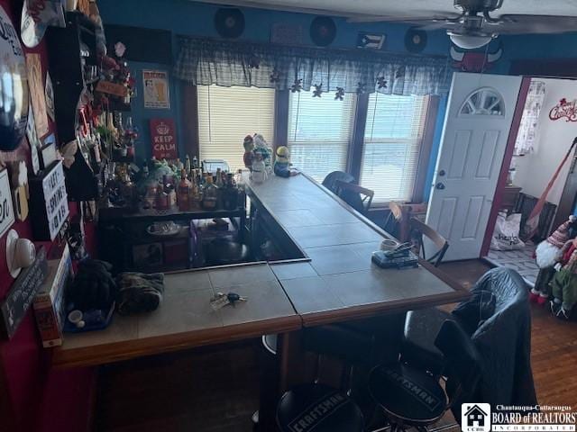 office featuring hardwood / wood-style flooring and ceiling fan