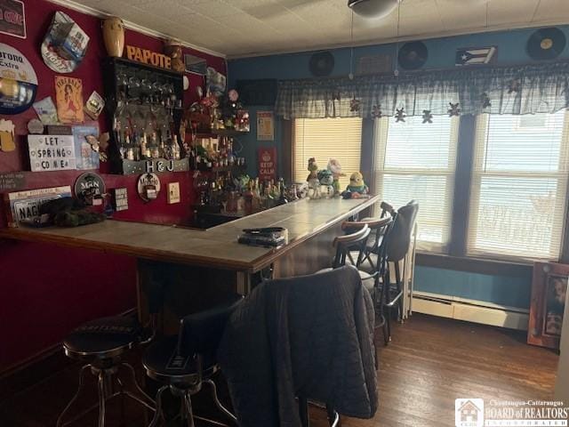 bar featuring wood-type flooring and baseboard heating