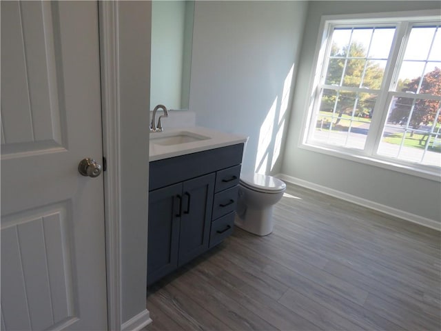 bathroom with hardwood / wood-style flooring, vanity, and toilet