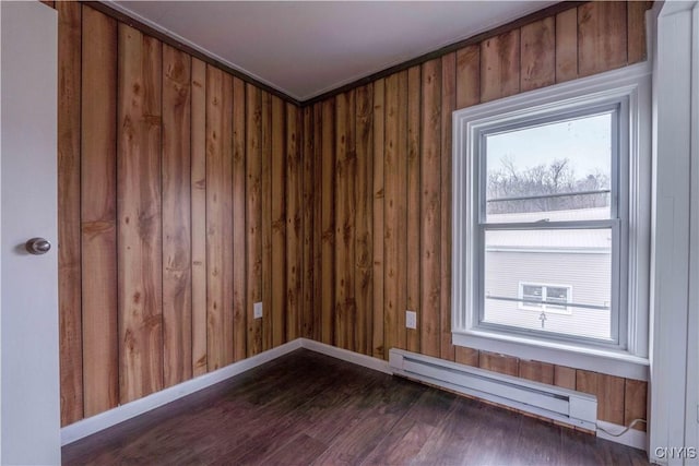 unfurnished room with dark wood-type flooring, a baseboard heating unit, and wood walls