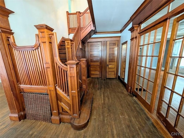 interior space with crown molding and dark wood-type flooring