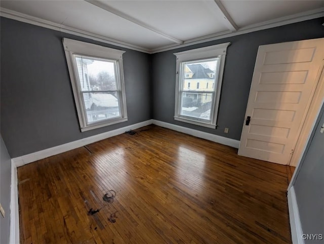 spare room with crown molding and dark wood-type flooring