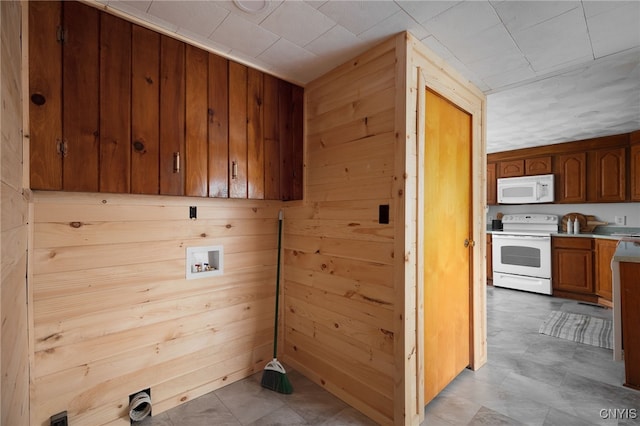 laundry area with wood walls