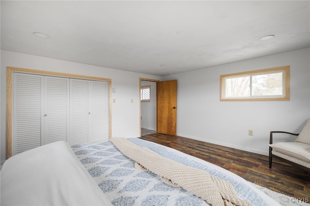 bedroom featuring dark hardwood / wood-style floors and a closet