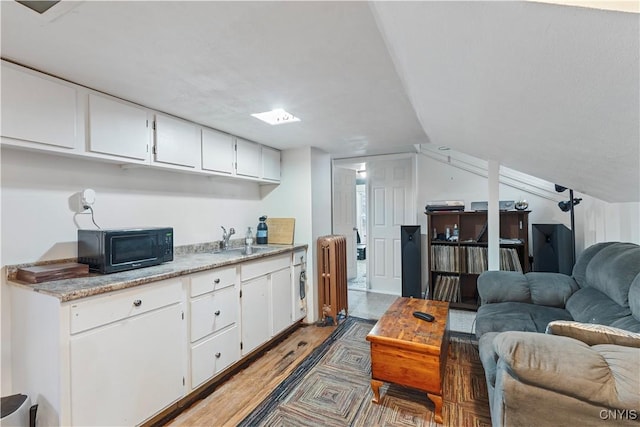 kitchen featuring white cabinets, sink, hardwood / wood-style floors, and radiator