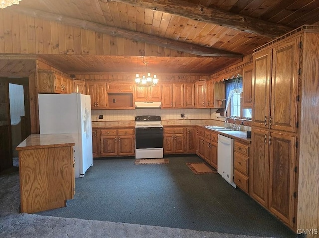 kitchen featuring lofted ceiling with beams, sink, wooden ceiling, and white appliances