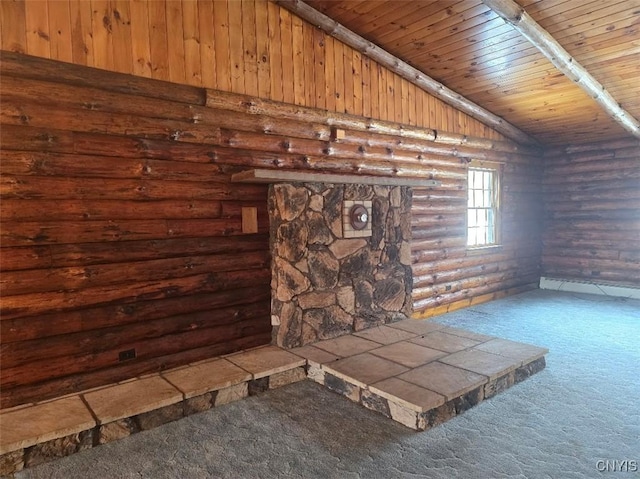 unfurnished living room featuring log walls, carpet flooring, vaulted ceiling, and wooden ceiling