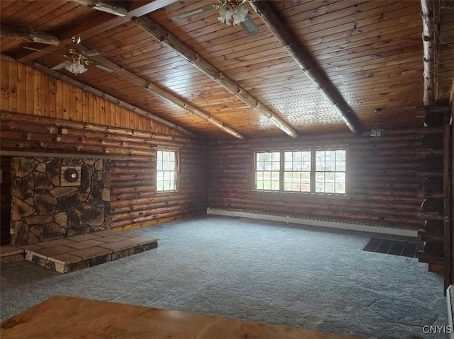 unfurnished living room featuring vaulted ceiling with beams, ceiling fan, and wooden ceiling