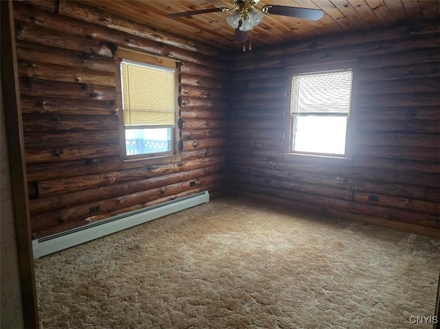 carpeted spare room with ceiling fan, wood ceiling, baseboard heating, and a wealth of natural light