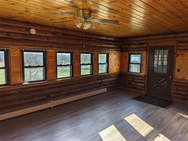 unfurnished sunroom with ceiling fan, wood ceiling, and a baseboard heating unit