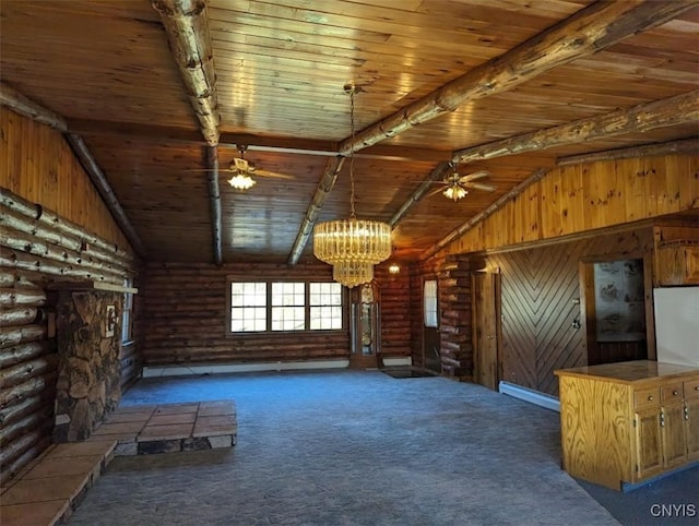 unfurnished living room with ceiling fan with notable chandelier, lofted ceiling with beams, wood walls, and wood ceiling