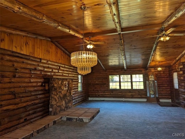 unfurnished living room with rustic walls, vaulted ceiling with beams, wooden ceiling, and dark carpet