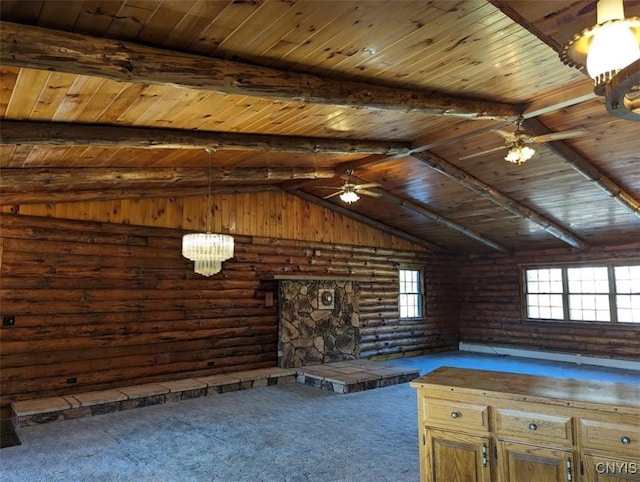 interior space with carpet, lofted ceiling with beams, ceiling fan, and wood ceiling