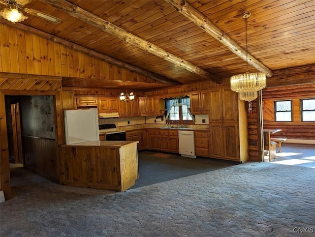 kitchen featuring wood ceiling, white appliances, ceiling fan with notable chandelier, dark colored carpet, and pendant lighting