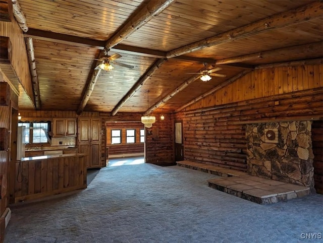 unfurnished living room featuring dark colored carpet, lofted ceiling with beams, ceiling fan, and wooden ceiling