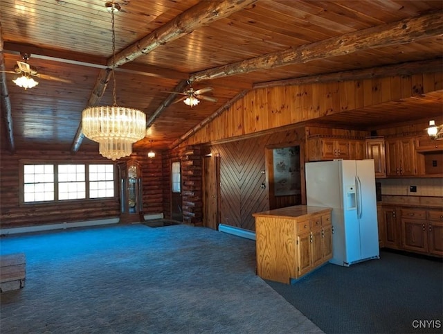 kitchen featuring wood ceiling, ceiling fan with notable chandelier, white refrigerator with ice dispenser, vaulted ceiling with beams, and wood walls