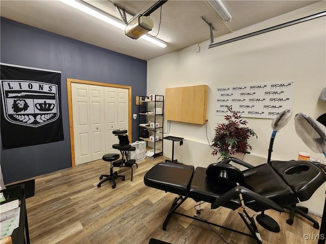 exercise room with hardwood / wood-style flooring