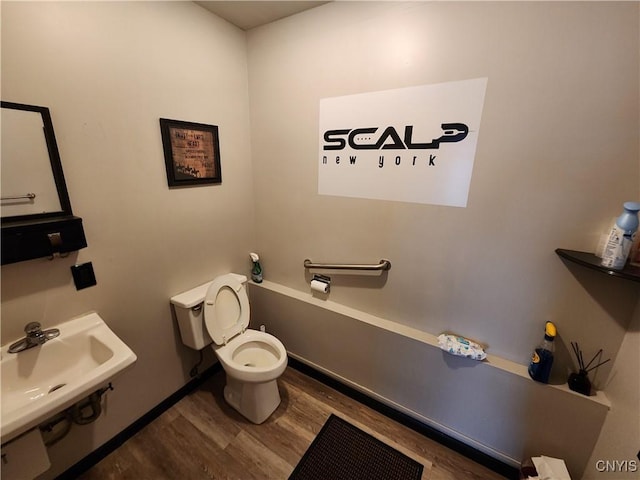 bathroom with wood-type flooring, toilet, and sink