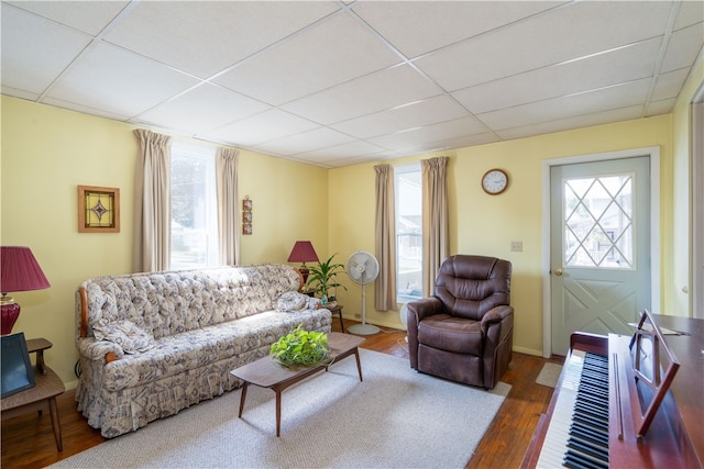 living room with hardwood / wood-style floors and a drop ceiling