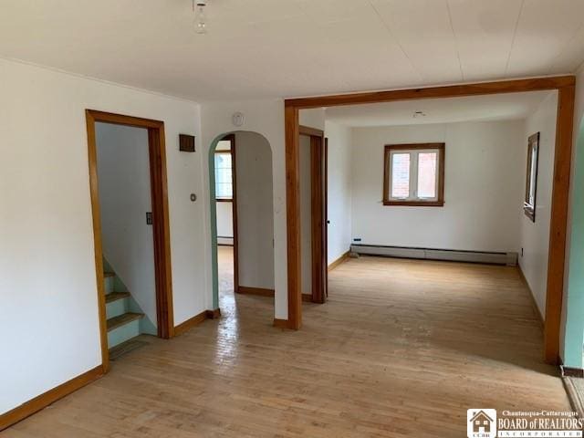 spare room with light hardwood / wood-style floors and a baseboard radiator