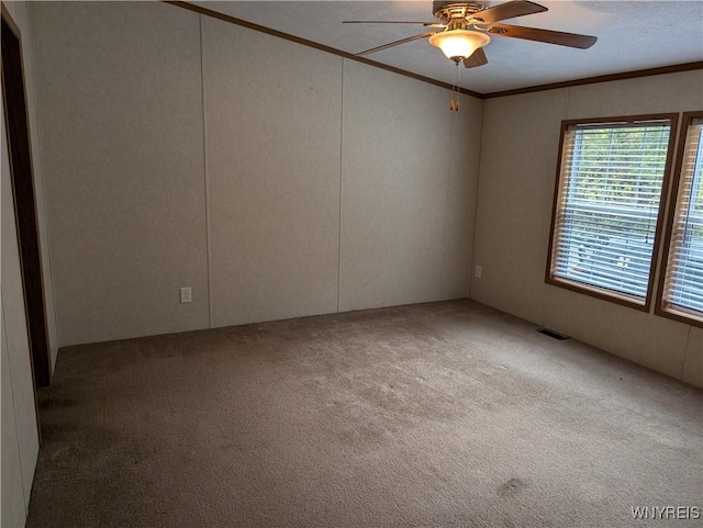 carpeted spare room featuring ceiling fan and ornamental molding