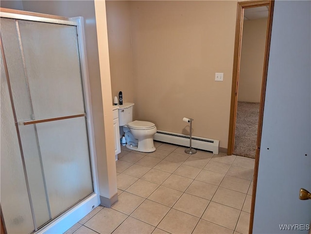 bathroom featuring tile patterned floors, toilet, walk in shower, and a baseboard heating unit