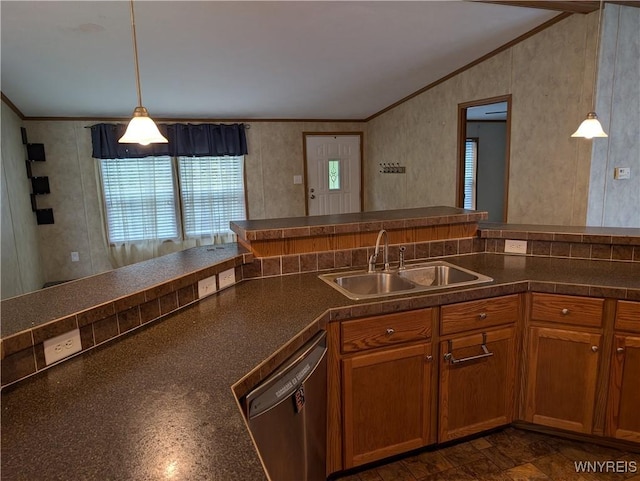 kitchen with plenty of natural light, dishwasher, decorative light fixtures, and sink