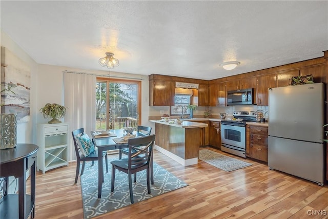 kitchen with kitchen peninsula, appliances with stainless steel finishes, light hardwood / wood-style floors, and sink