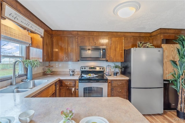 kitchen with backsplash, sink, light hardwood / wood-style flooring, and appliances with stainless steel finishes