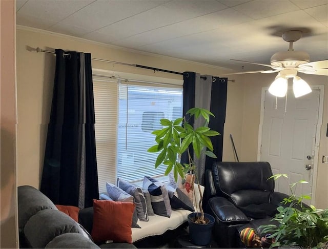 living room with a wealth of natural light, ceiling fan, and ornamental molding