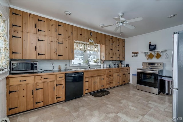 kitchen featuring decorative backsplash, appliances with stainless steel finishes, ceiling fan, crown molding, and sink