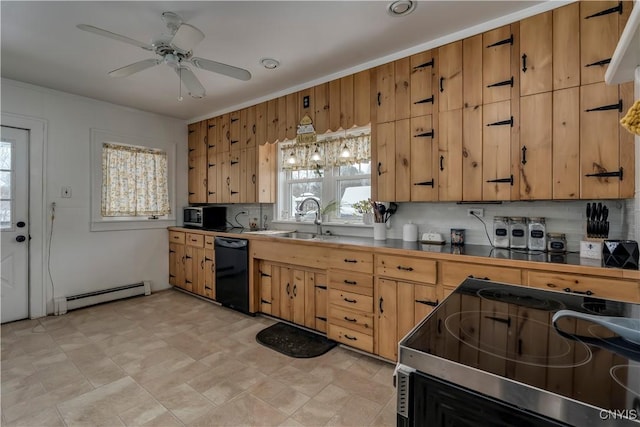 kitchen with sink, stainless steel appliances, a baseboard radiator, tasteful backsplash, and pendant lighting