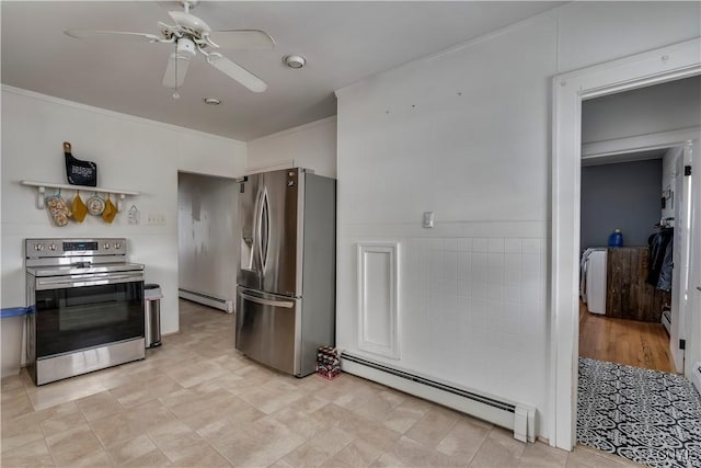 kitchen with ceiling fan, ornamental molding, appliances with stainless steel finishes, and a baseboard radiator