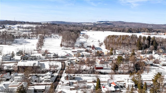 snowy aerial view with a mountain view