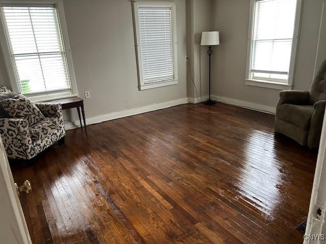 living area featuring dark wood-type flooring and a healthy amount of sunlight