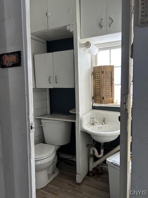 bathroom with hardwood / wood-style flooring, toilet, and sink