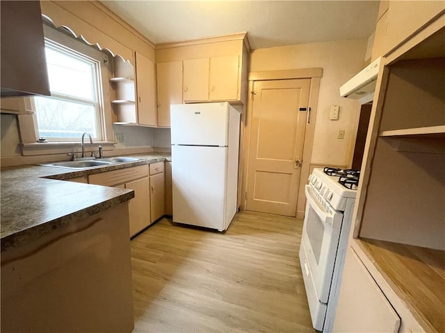 kitchen with ventilation hood, white appliances, light hardwood / wood-style floors, and sink