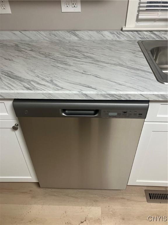 room details with dishwasher, white cabinets, and sink