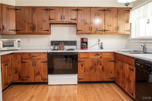 kitchen featuring black dishwasher, light hardwood / wood-style floors, white electric stove, and sink