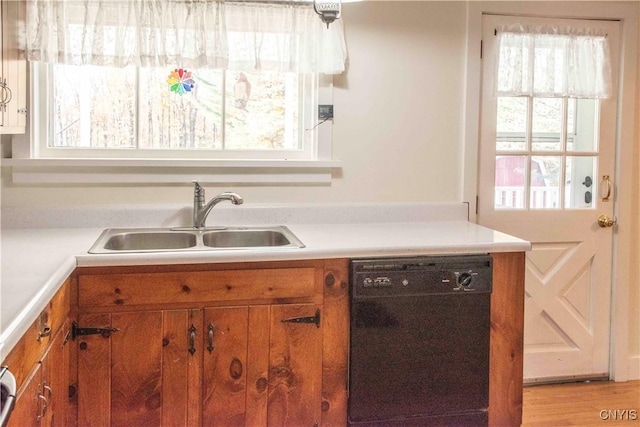 kitchen featuring sink, light wood-type flooring, and black dishwasher