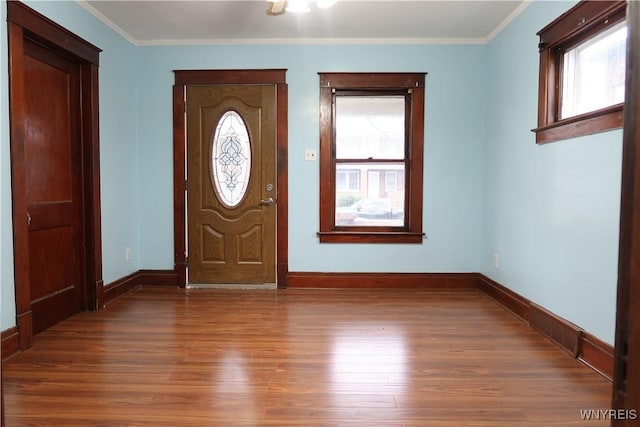 entrance foyer featuring wood-type flooring and crown molding