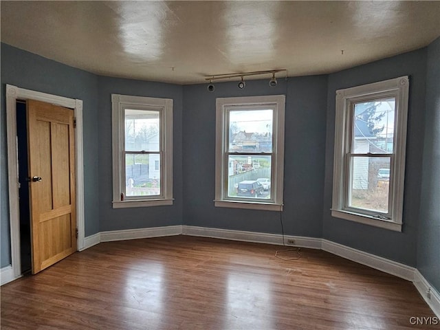 unfurnished dining area featuring rail lighting, hardwood / wood-style flooring, and a wealth of natural light