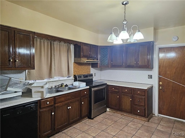 kitchen with electric range, dishwasher, pendant lighting, and dark brown cabinets