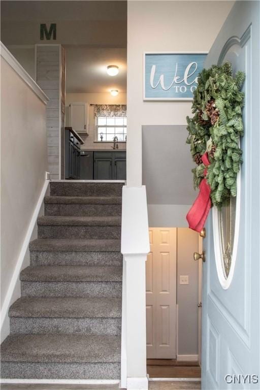 staircase featuring hardwood / wood-style floors and sink