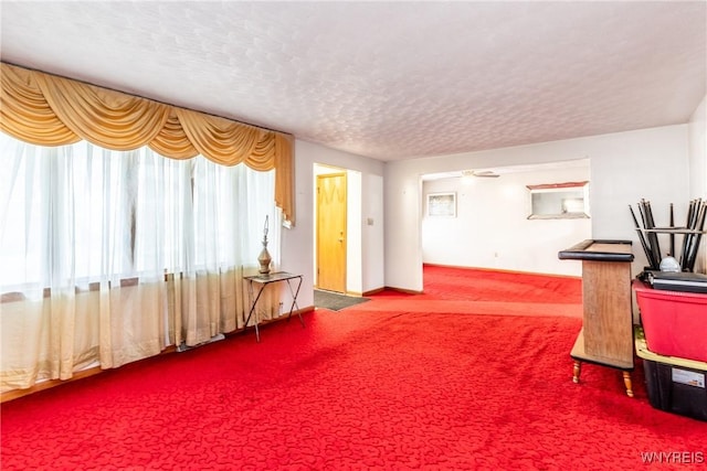 sitting room with carpet and a textured ceiling